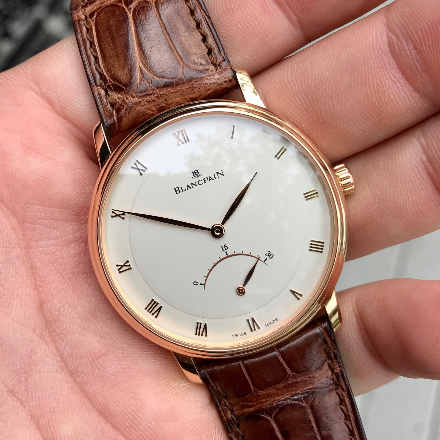 Blancpain Villeret Retrograde Seconds Ultra Slim 4063 18K Rose Gold Leather Automatic Silver Wristwatch - Hashtag Watch Company