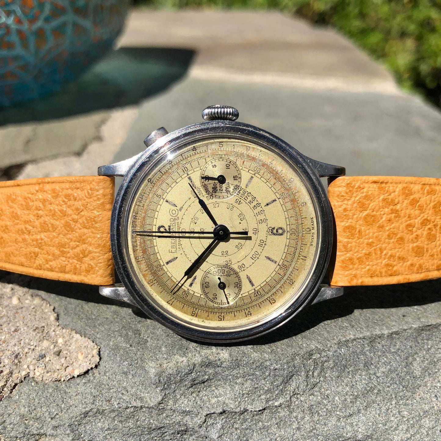 Vintage Eberhard & Co Single Button Steel Chronograph 40mm Oversized Wristwatch Circa 1940's - Hashtag Watch Company