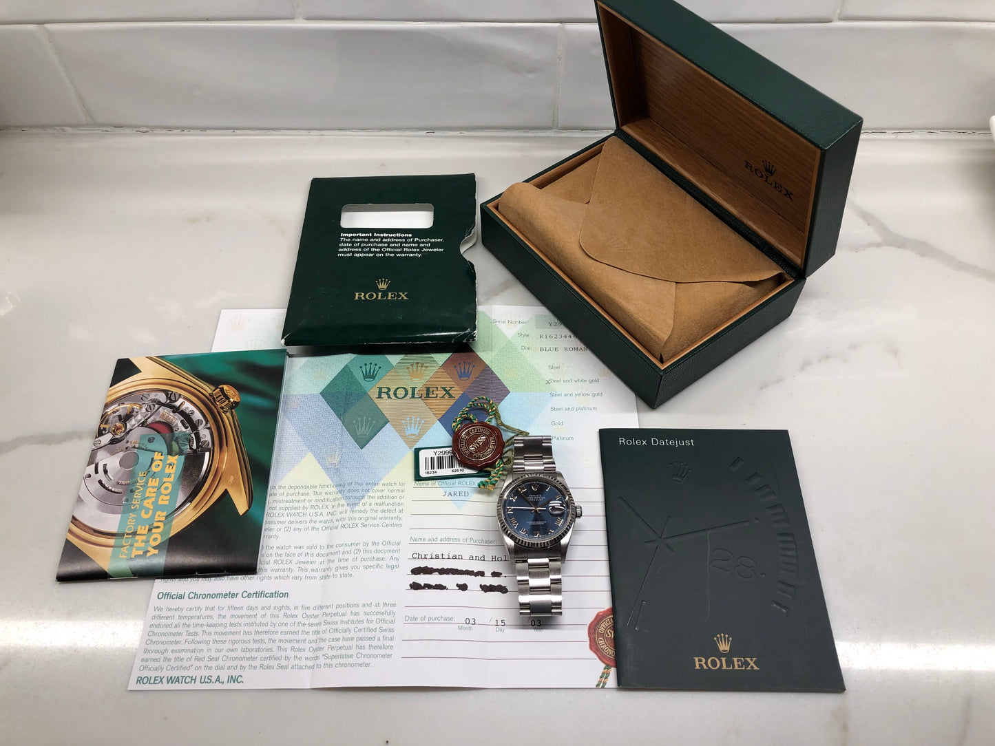 2002 Rolex Datejust 16234 Blue Roman Fluted White Gold Bezel Oyster Wristwatch Box Papers - Hashtag Watch Company