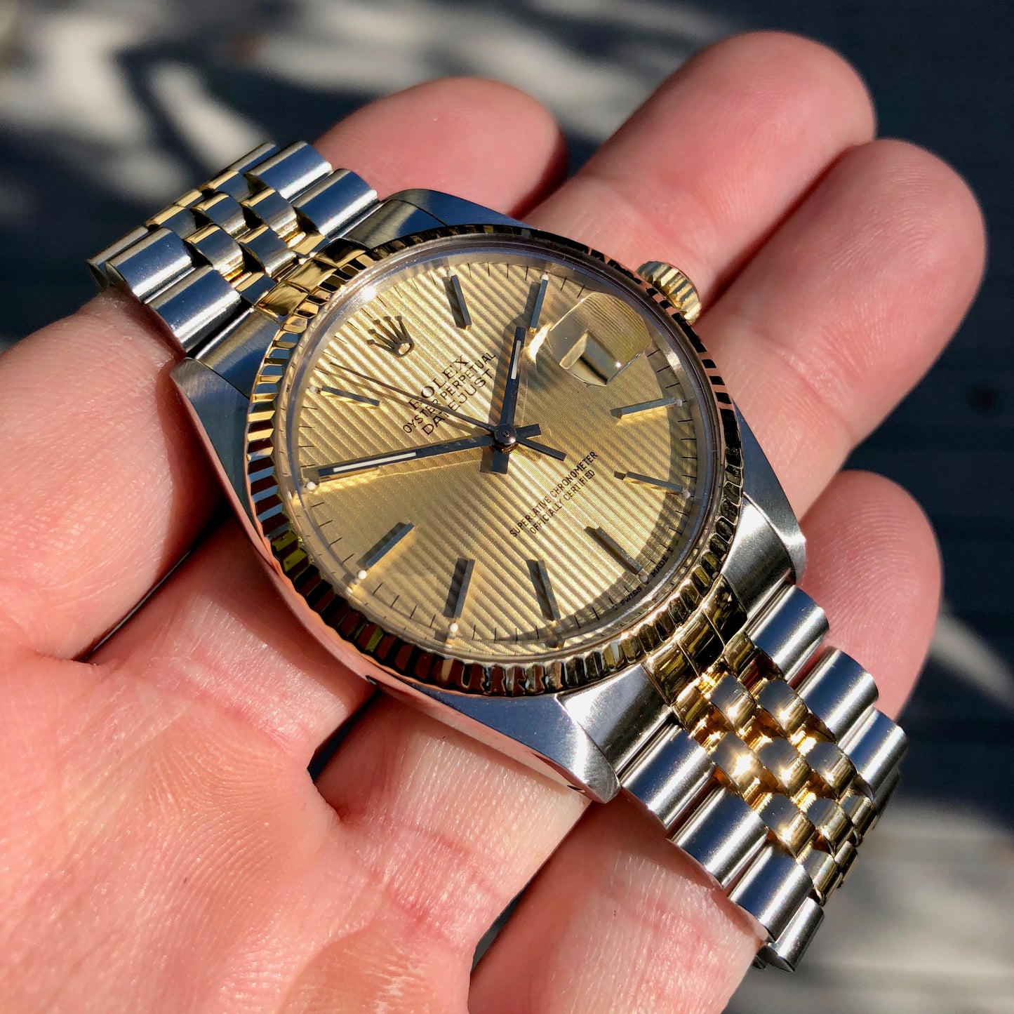 Vintage Rolex Datejust 16013 Champagne Tapestry Cal 3035 Oyster Perpetual Two Tone Steel Gold Wristwatch - Hashtag Watch Company