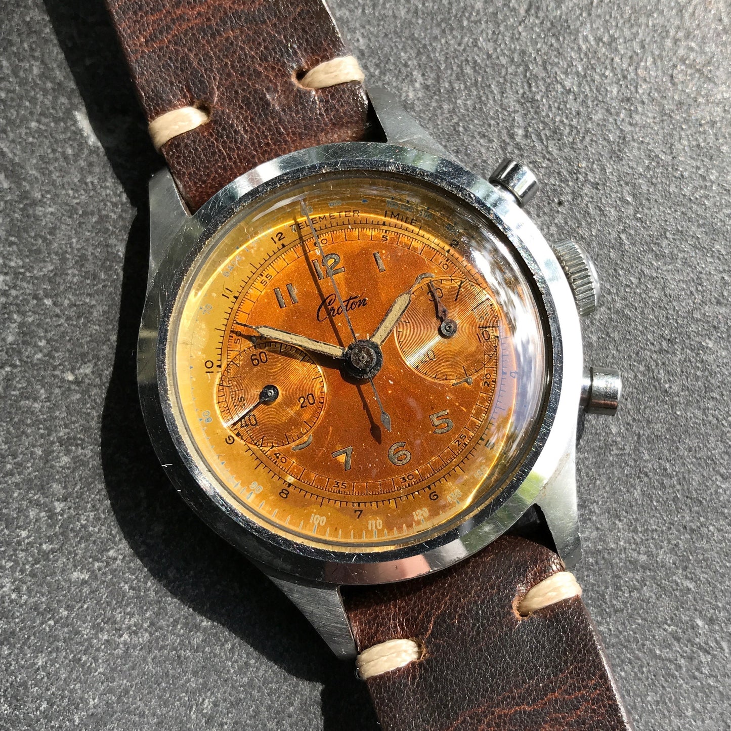 Vintage Croton Clamshell Steel Chronograph Caramel Patina Manual Wristwatch - Hashtag Watch Company