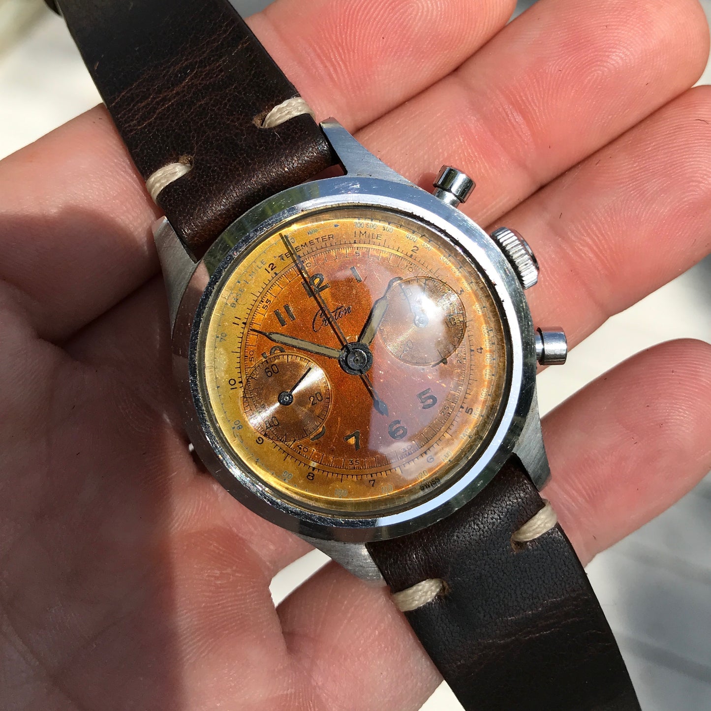 Vintage Croton Clamshell Steel Chronograph Caramel Patina Manual Wristwatch - Hashtag Watch Company