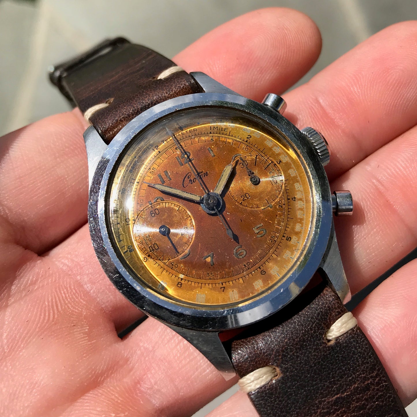 Vintage Croton Clamshell Steel Chronograph Caramel Patina Manual Wristwatch - Hashtag Watch Company