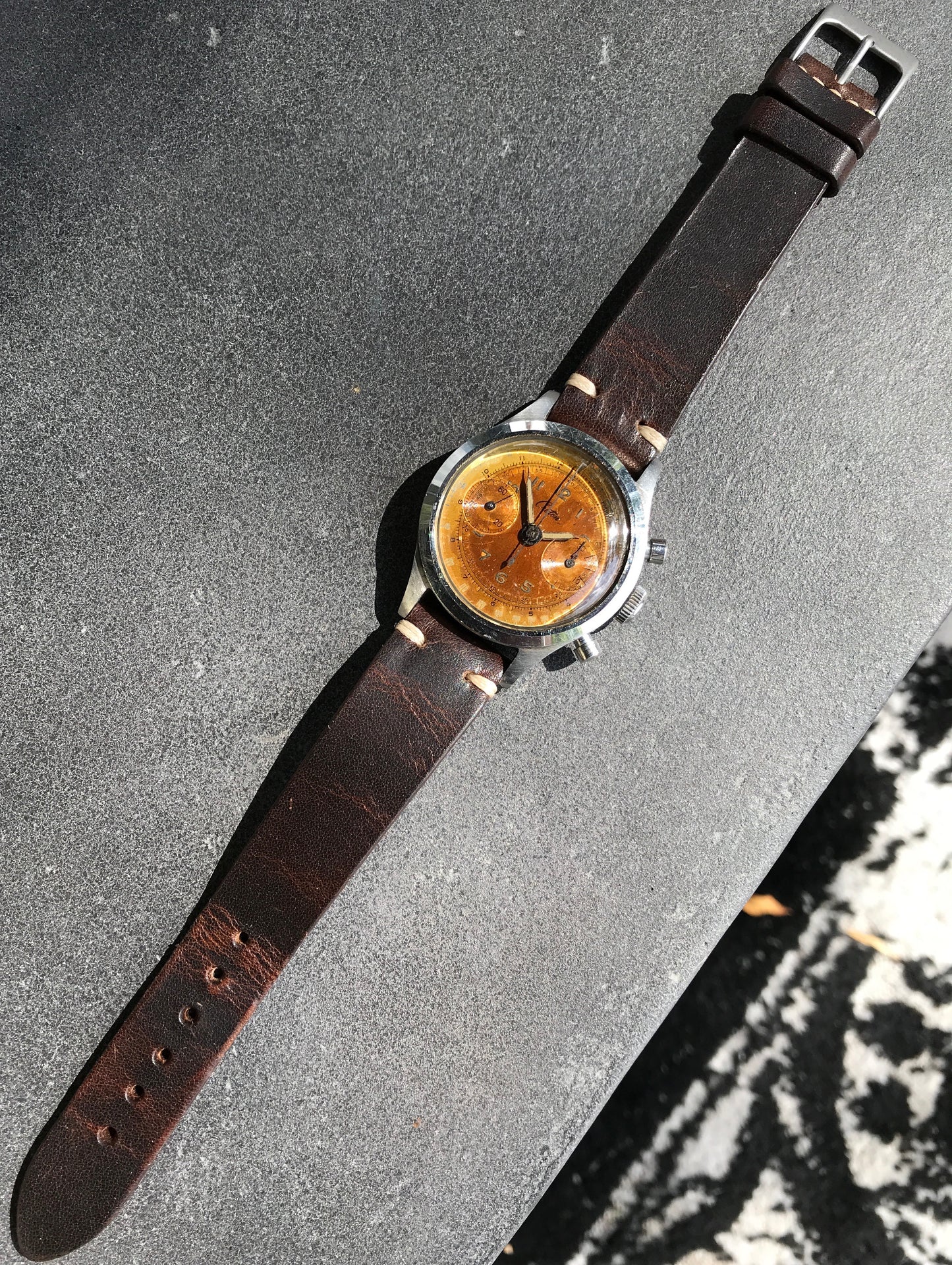 Vintage Croton Clamshell Steel Chronograph Caramel Patina Manual Wristwatch - Hashtag Watch Company