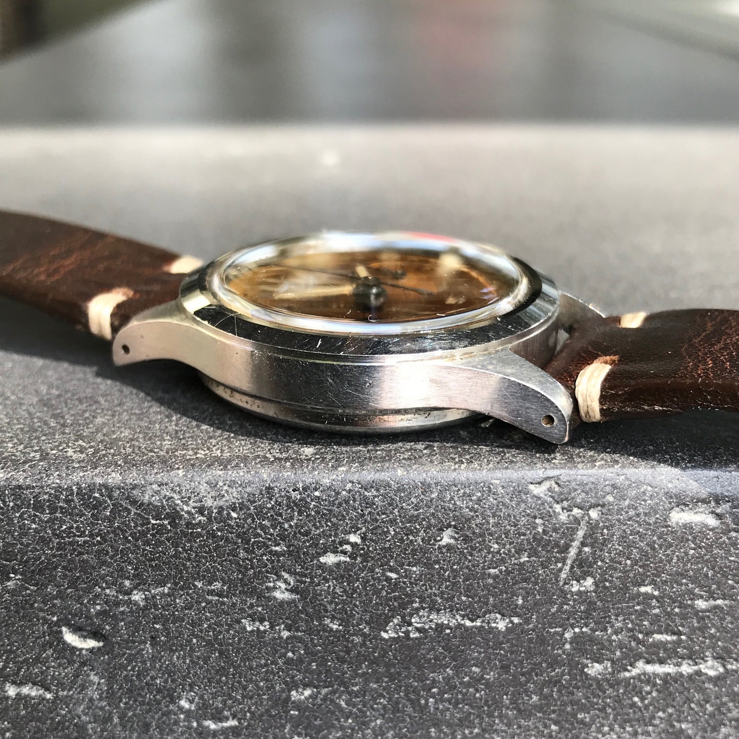 Vintage Croton Clamshell Steel Chronograph Caramel Patina Manual Wristwatch - Hashtag Watch Company