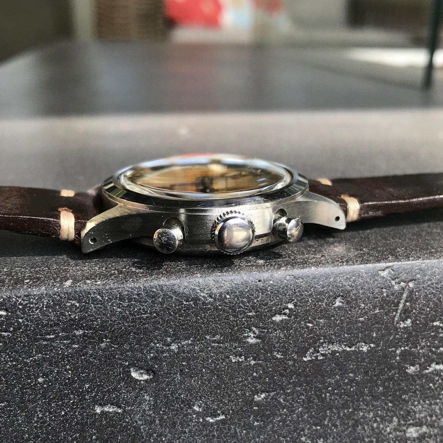 Vintage Croton Clamshell Steel Chronograph Caramel Patina Manual Wristwatch - Hashtag Watch Company