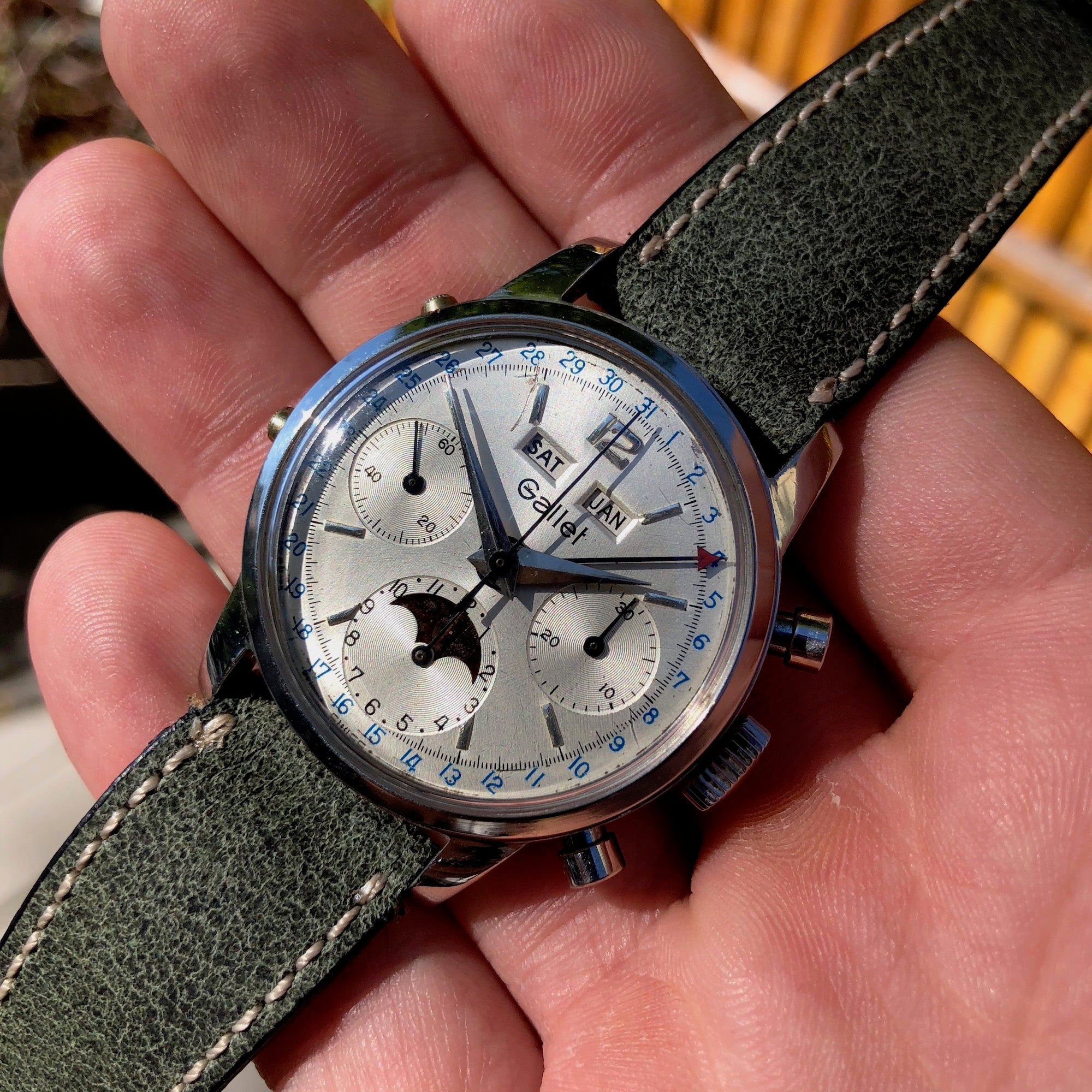 Vintage Gallet MultiChron Astronomic Steel Chronograph Valjoux 88 Triple Date Moonphase Wristwatch HASHTAGWATCHCO