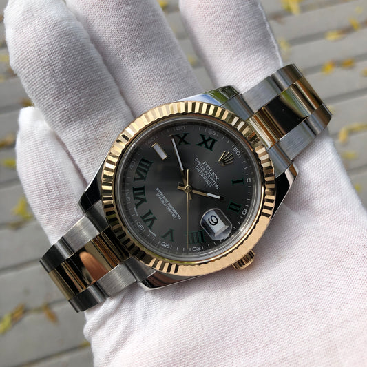 Rolex Datejust II 116333 Wimbledon 18K Gold Steel Two Tone Slate Green Roman 41mm Wristwatch Box Papers - Hashtag Watch Company
