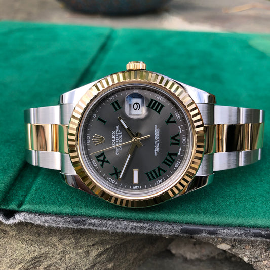Rolex Datejust II 116333 Wimbledon 18K Gold Steel Two Tone Slate Green Roman 41mm Wristwatch Box Papers - Hashtag Watch Company