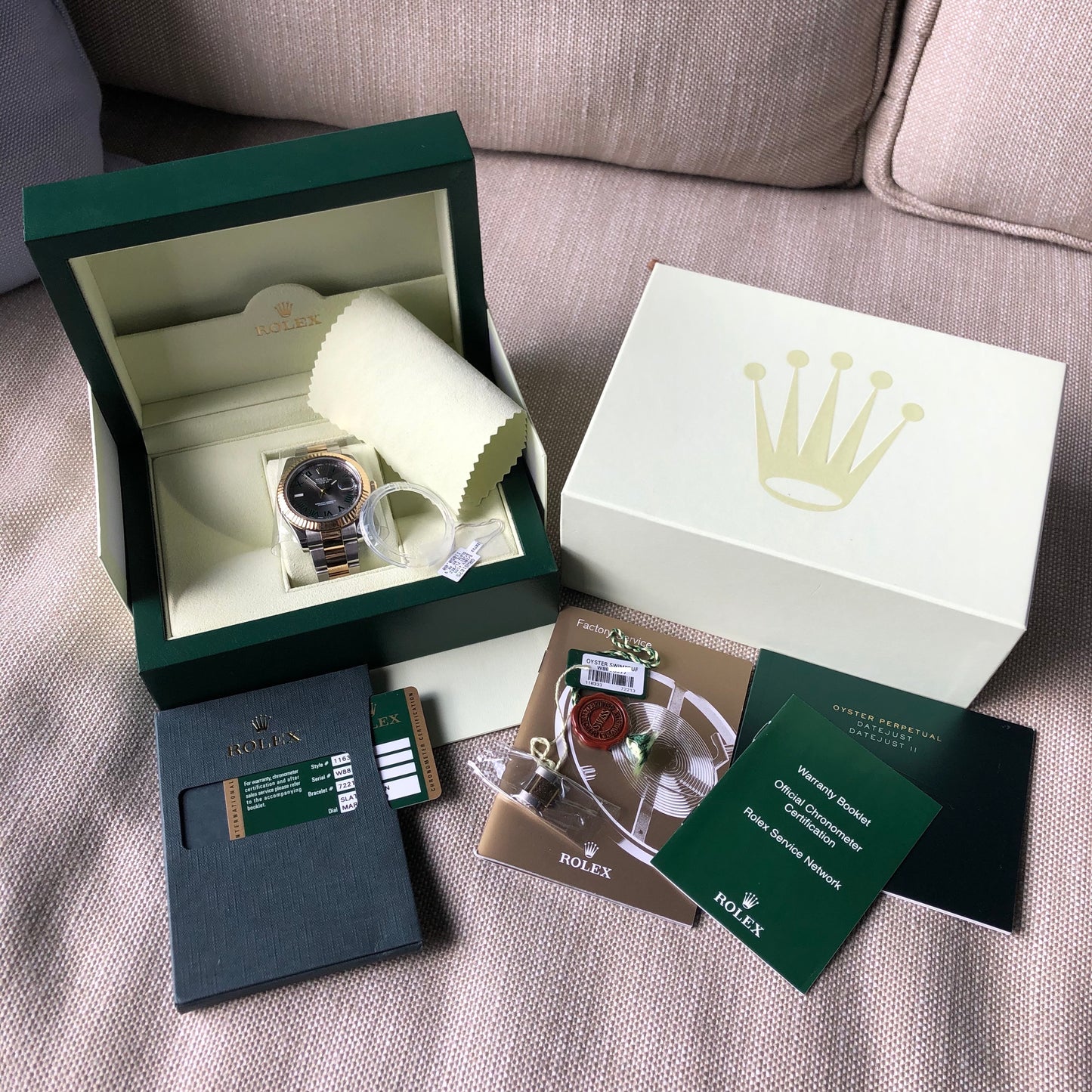 Rolex Datejust II 116333 Wimbledon 18K Gold Steel Two Tone Slate Green Roman 41mm Wristwatch Box Papers - Hashtag Watch Company