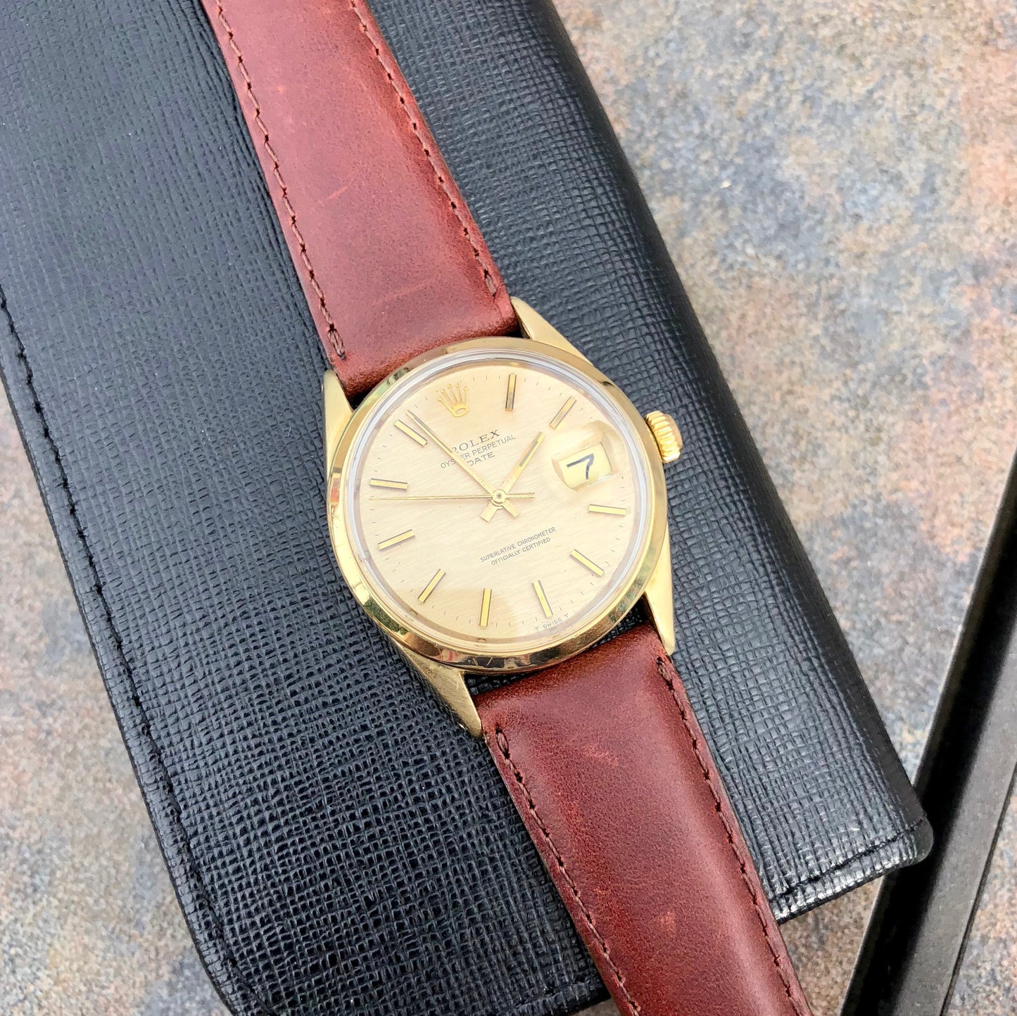 Vintage Rolex Date 1550 14K Gold Capped Steel Oyster Perpetual Cal 1570 Wristwatch Circa 1970 - Hashtag Watch Company