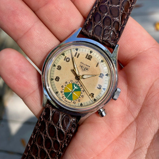 Vintage Heuer Solunar Stainless Steel Chrome Plated Tide Indicator Wristwatch - Hashtag Watch Company