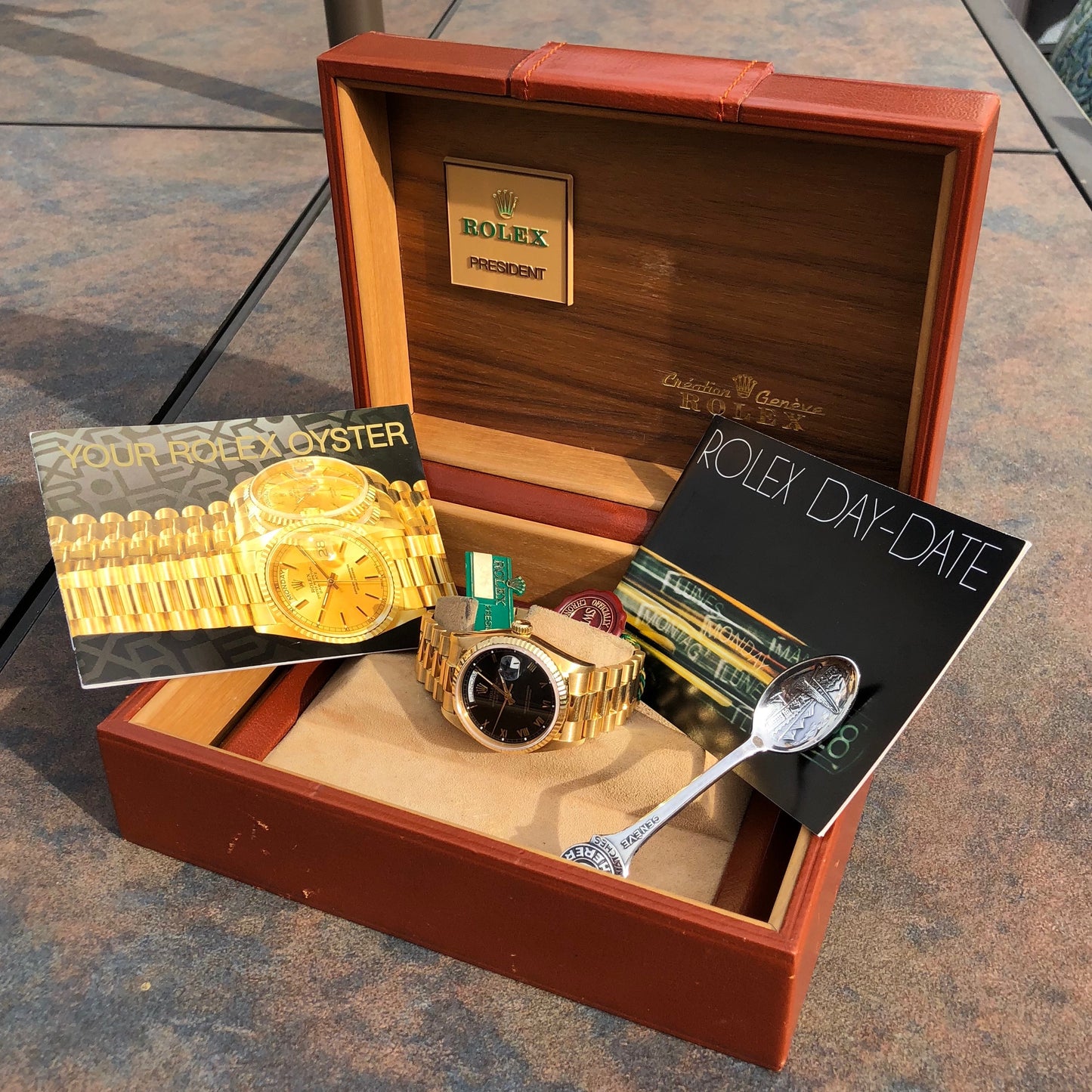 Rolex President 18038 Day Date 18K Yellow Gold Black Roman Circa 1984 Box & Tags - Hashtag Watch Company