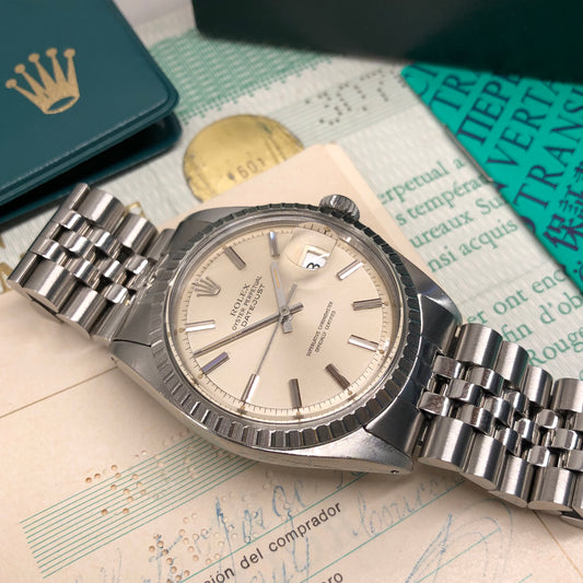 1971 Rolex Datejust 1601 Steel Engine Turned Jubilee Silver Dial Wristwatch Box Papers - Hashtag Watch Co.