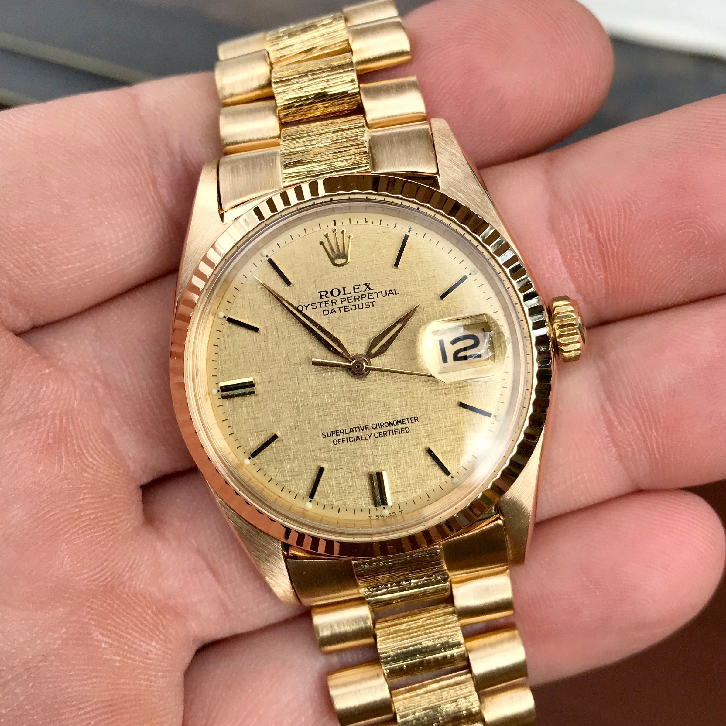 1965 Rolex Datejust 1601 Yellow Gold Champagne Bark Automatic | HashtagWatchCo