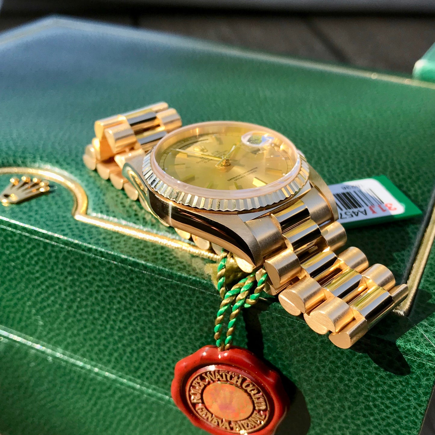 Rolex President 18238 Day Date 18K Yellow Gold Champagne Stick "A" Serial 1999 Box Papers MINT - Hashtag Watch Company