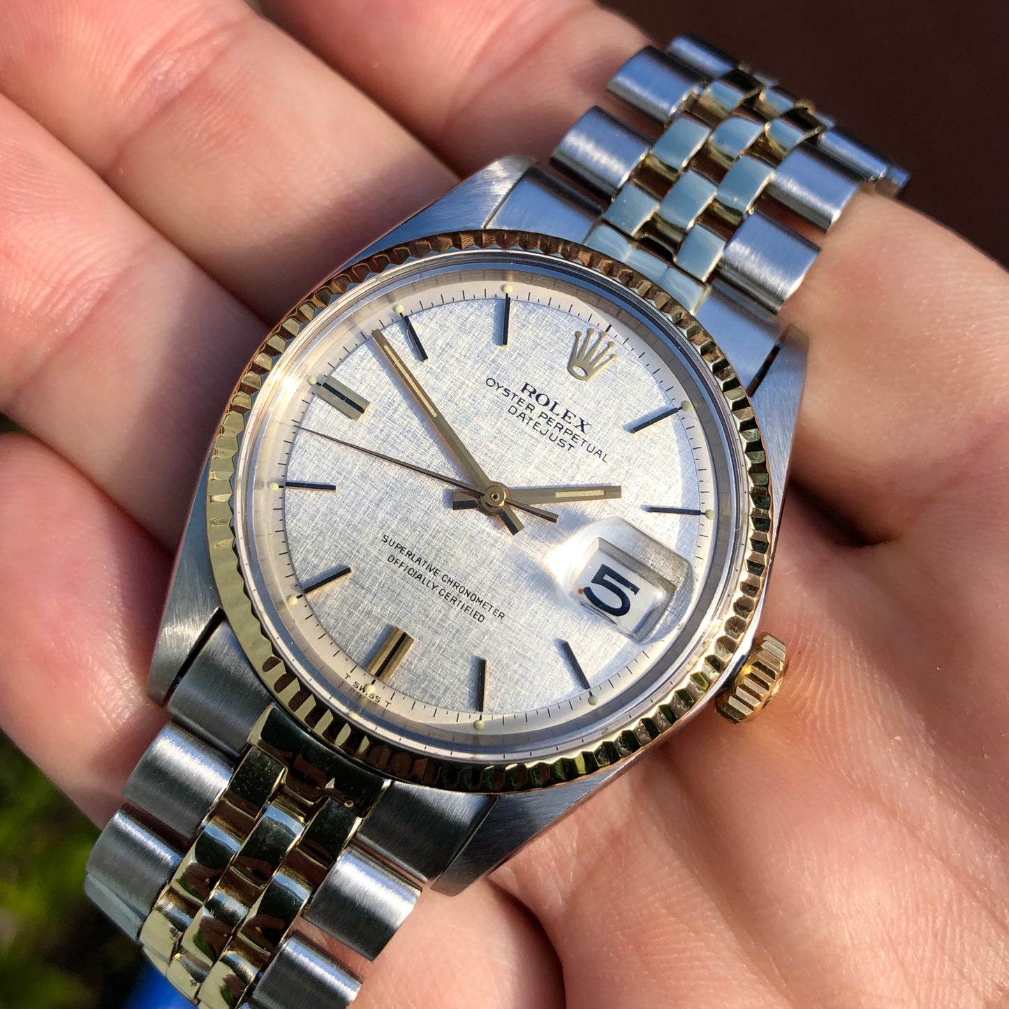 1971 Rolex Datejust 1601 Silver Linen Two Tone Jubilee Automatic Wristwatch with Punched Papers - Hashtag Watch Company