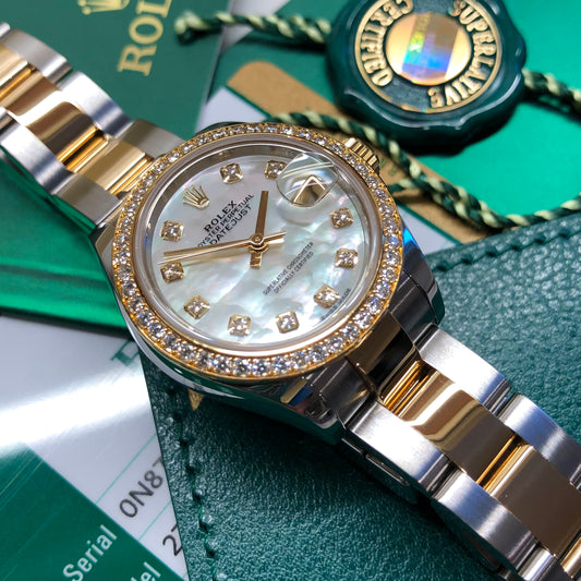 2019 Rolex Datejust 279383RBR Ladies Mother of Pearl Diamond Dial Bezel Oyster Two Tone Wristwatch Box Papers - Hashtag Watch Co.