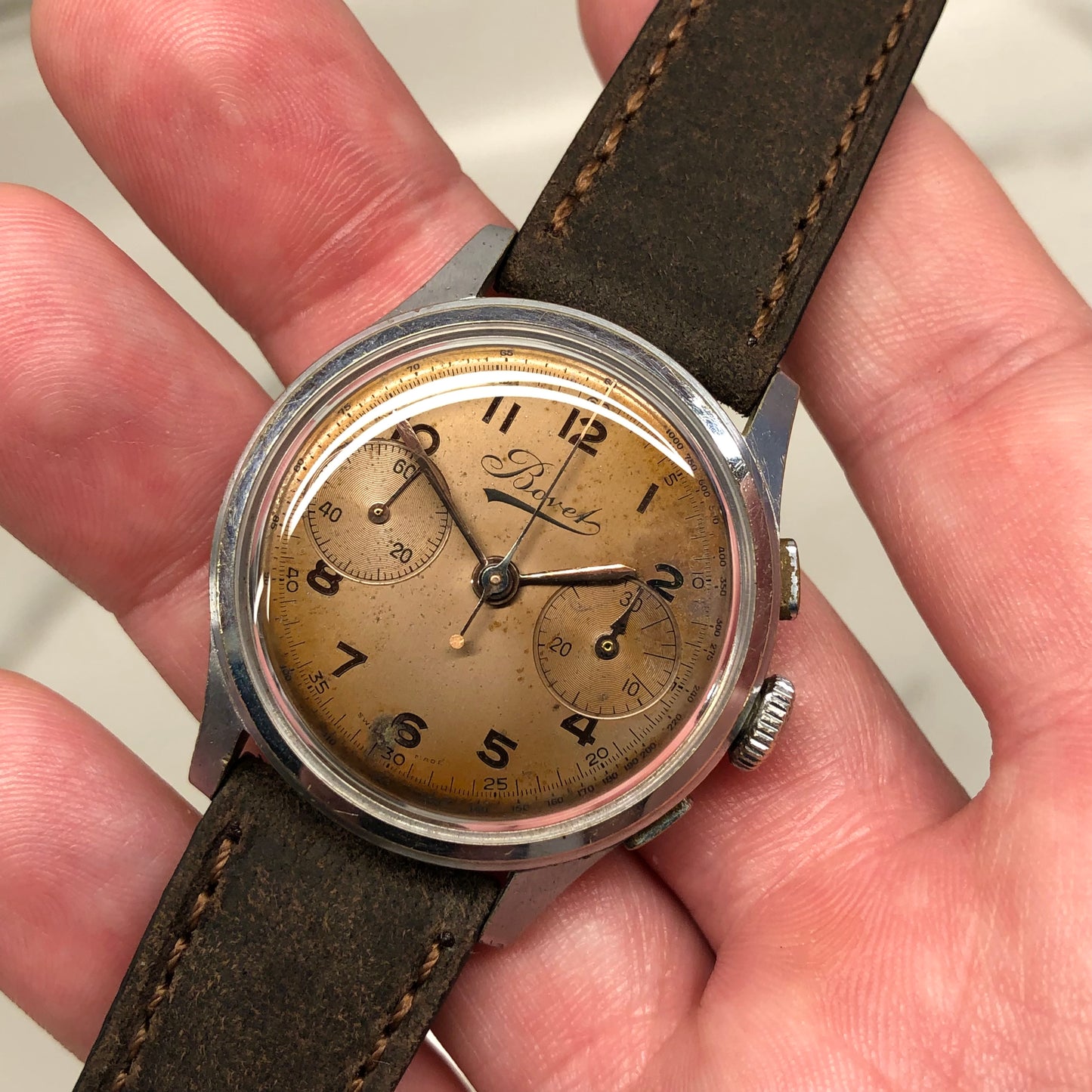 1950s Vintage Bovet Chronograph Manual Wind Tropical Patina Wristwatch - Hashtag Watch Company