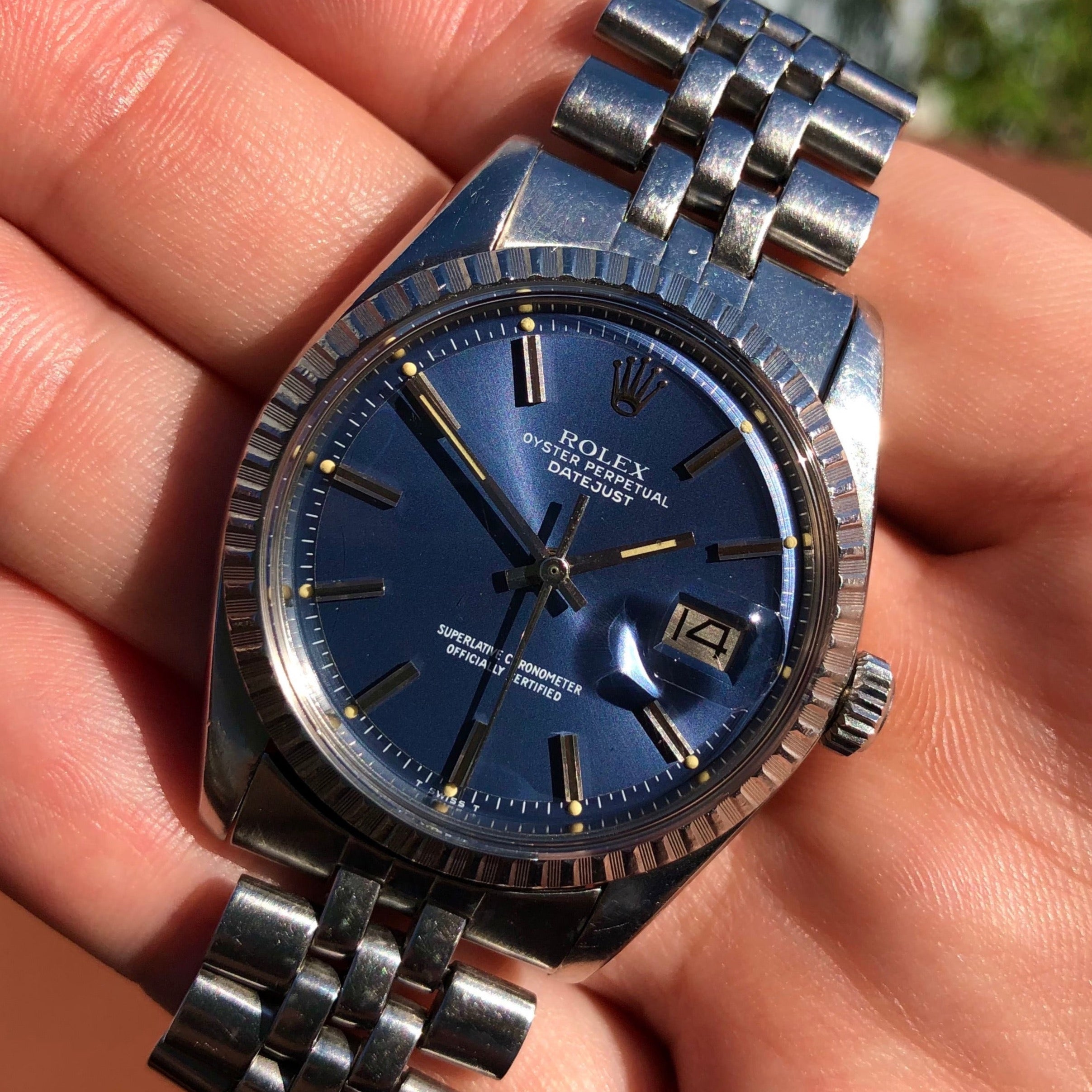 1977 Rolex Datejust 1603 Steel Engine Turned Jubilee Blue Wristwatch | HashtagWatchCo