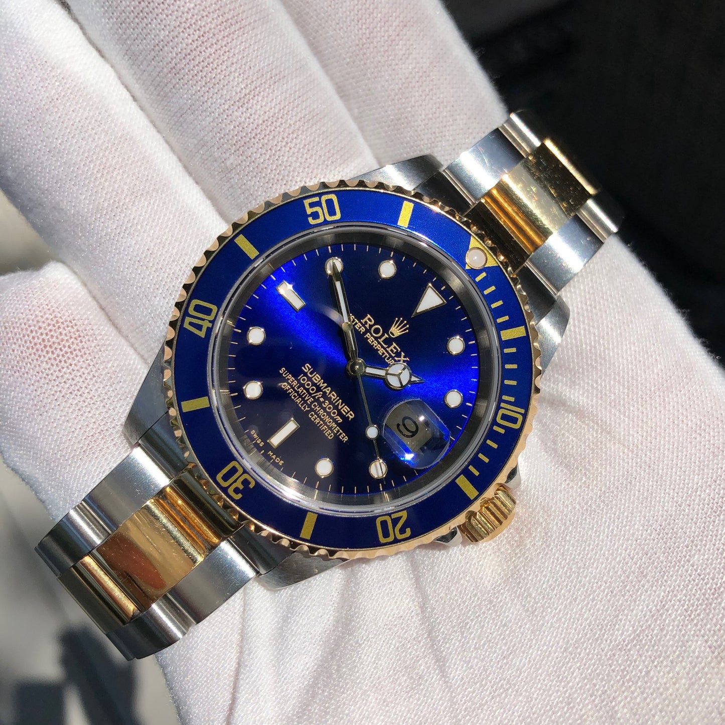 Rolex Submariner Date 16613 Blue Two Tone Stainless Steel Gold Wristwatch Box Papers Circa 2000 Unpolished - Hashtag Watch Company