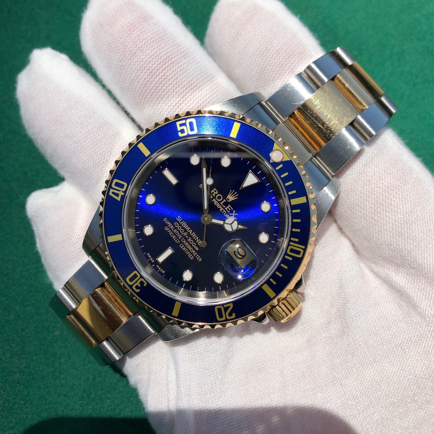 Rolex Submariner Date 16613 Blue Two Tone Stainless Steel Gold Wristwatch Box Papers Circa 2000 Unpolished - Hashtag Watch Company