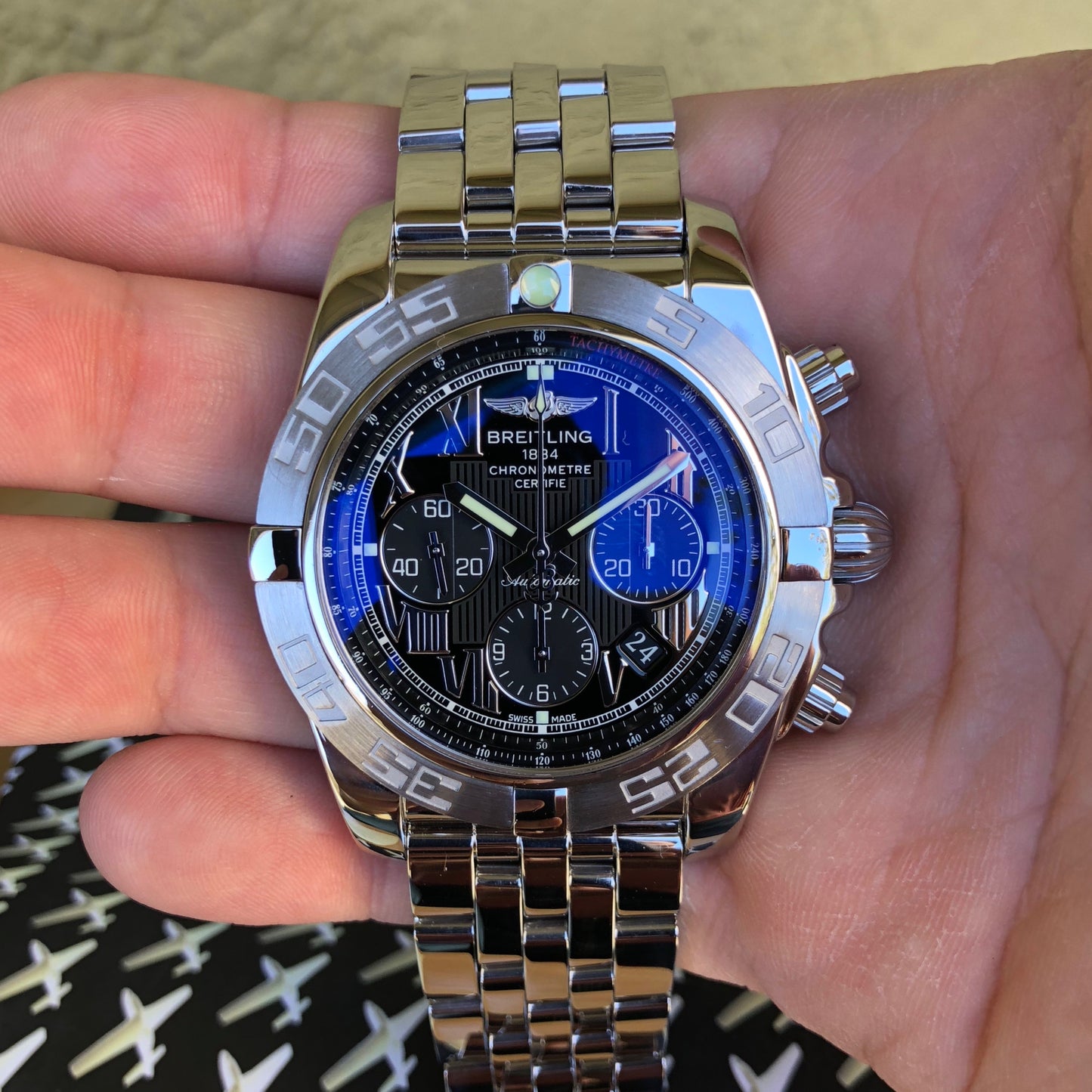 Breitling Chronomat AB0110 Stainless Steel Black Chronograph Wristwatch Box Papers - Hashtag Watch Company