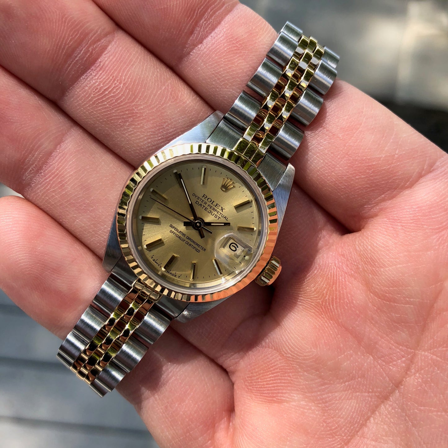 Rolex Datejust 69173 Ladies Two Tone Champagne Stick Dial Steel 18K Gold Jubilee Wristwatch Box & Papers - Hashtag Watch Company