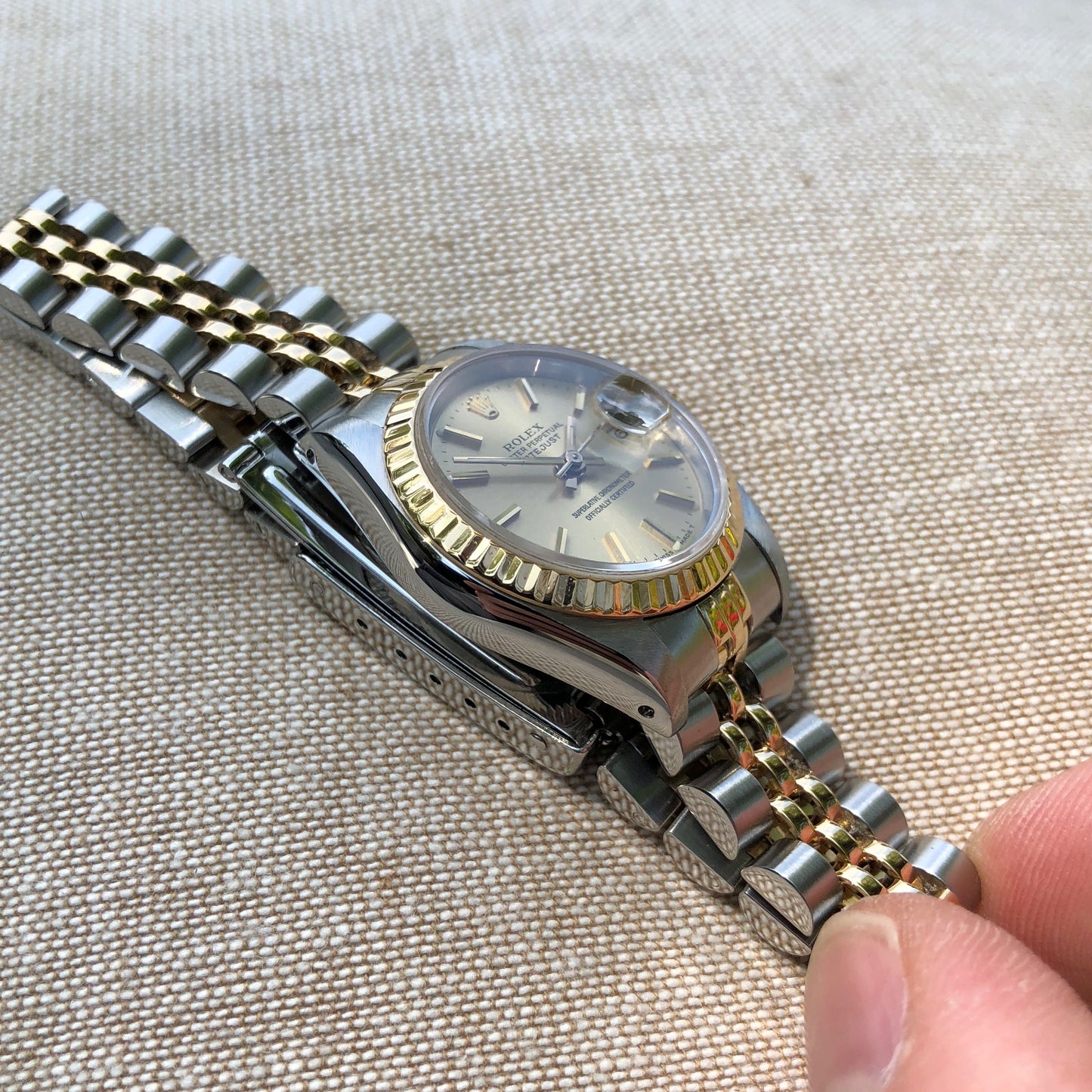Rolex Datejust 69173 Ladies Two Tone Champagne Stick Dial Steel 18K Gold Jubilee Wristwatch Box & Papers - Hashtag Watch Company