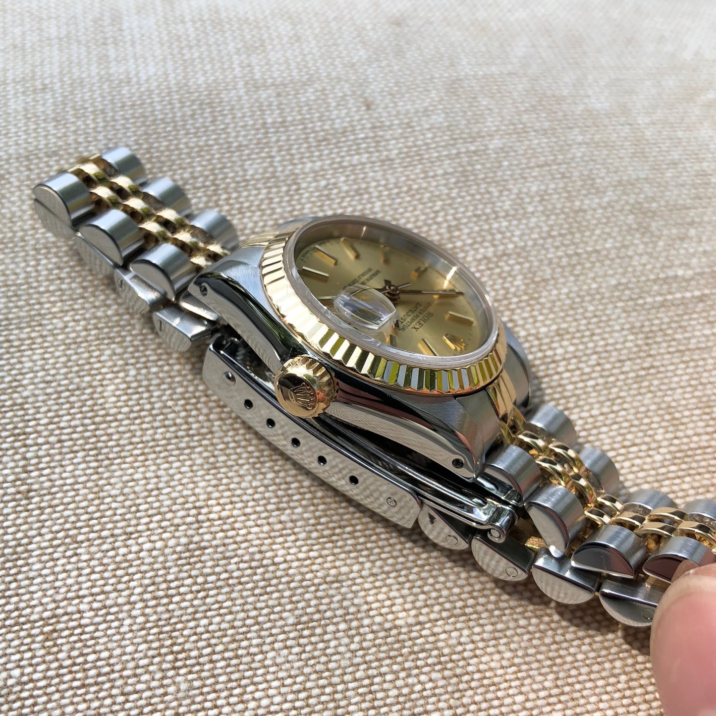 Rolex Datejust 69173 Ladies Two Tone Champagne Stick Dial Steel 18K Gold Jubilee Wristwatch Box & Papers - Hashtag Watch Company