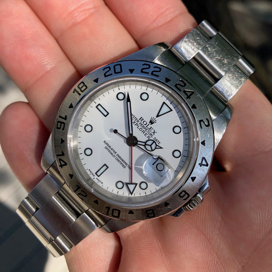 Rolex Explorer II 16570 White Stainless Steel GMT Oyster Wristwatch Box Papers Circa 2000 - Hashtag Watch Company