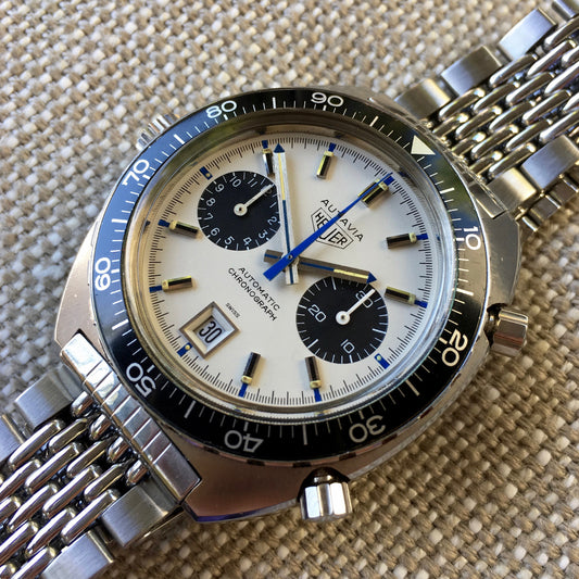 Vintage Heuer Autavia 1163 Jo Siffert Decimal Bezel Steel Chronograph Mk. 6 Cal. 11 Watch - Hashtag Watch Company
