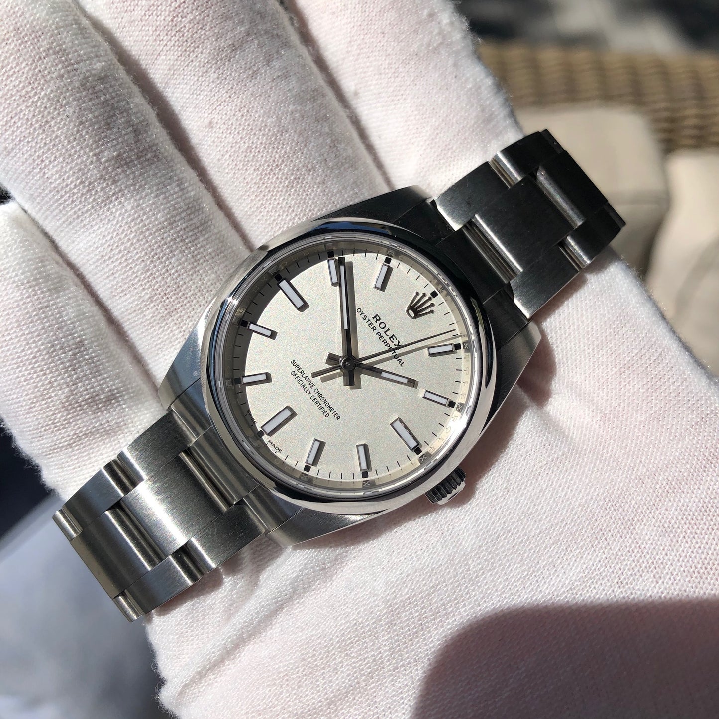 Rolex Oyster Perpetual 114200 White Stainless Steel Automatic Wristwatch Box Papers Circa 2019 - Hashtag Watch Company