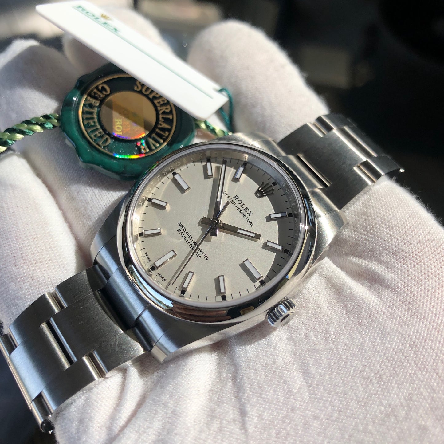 Rolex Oyster Perpetual 114200 White Stainless Steel Automatic Wristwatch Box Papers Circa 2019 - Hashtag Watch Company