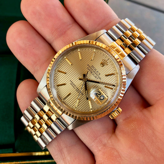 Vintage Rolex Datejust 16013 Champagne Tapestry Cal. 3035 Oyster Perpetual Two Tone Steel Gold Wristwatch Box & Papers Circa 1985 - Hashtag Watch Company