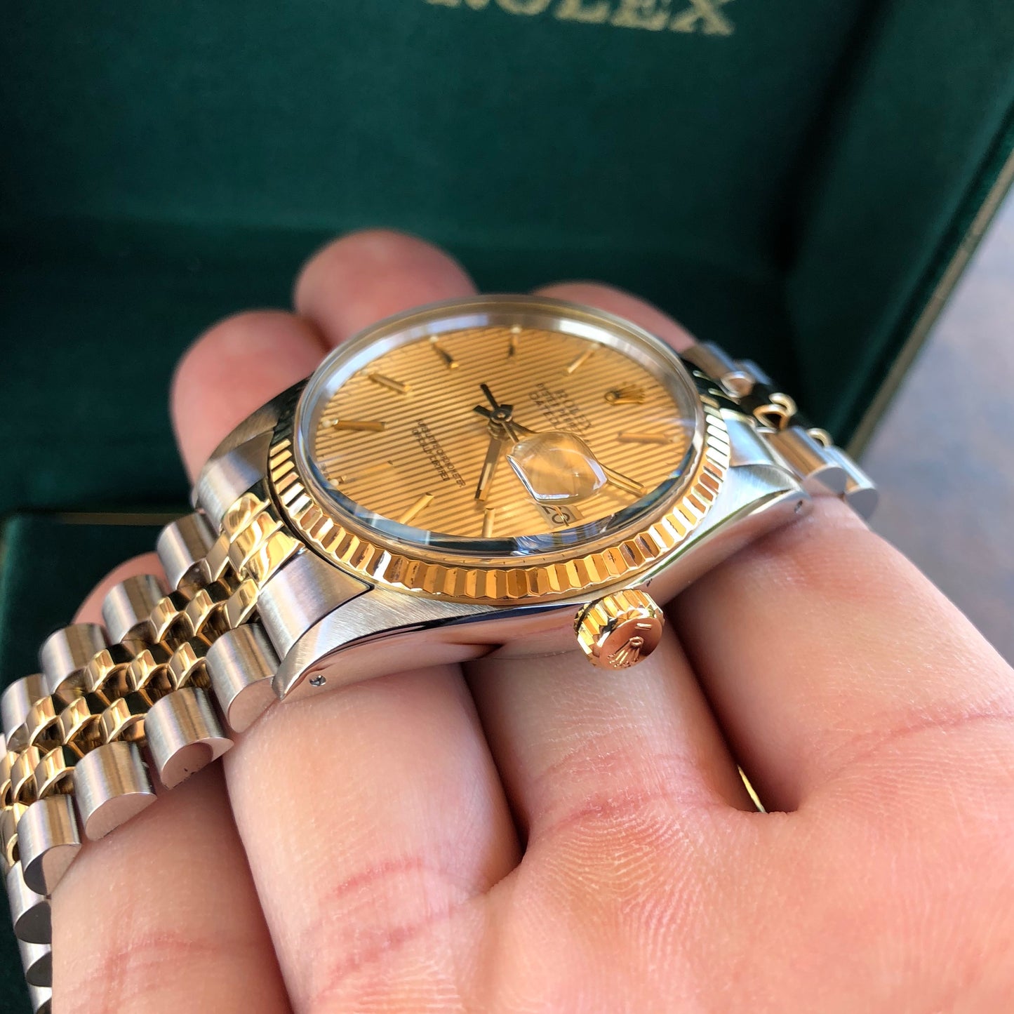 Vintage Rolex Datejust 16013 Champagne Tapestry Cal. 3035 Oyster Perpetual Two Tone Steel Gold Wristwatch Box & Papers Circa 1985 - Hashtag Watch Company