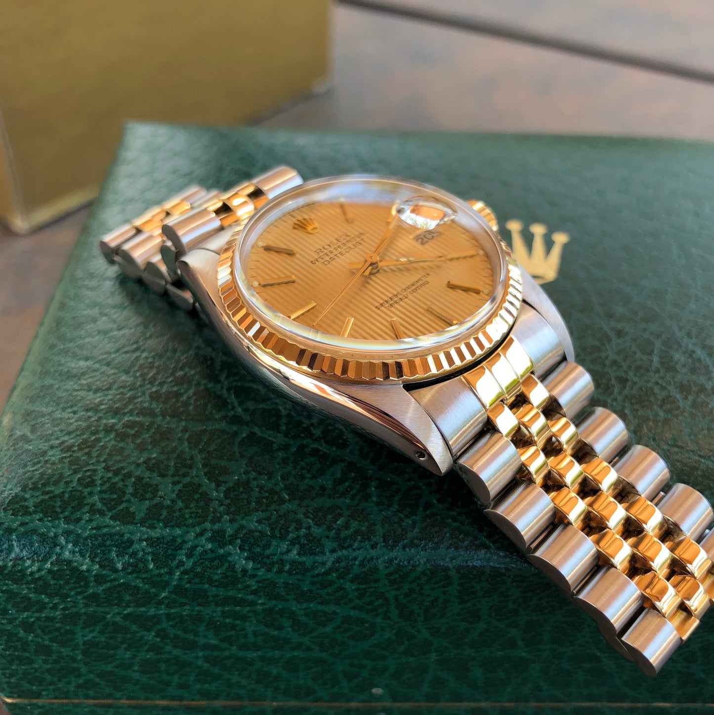 Vintage Rolex Datejust 16013 Champagne Tapestry Cal. 3035 Oyster Perpetual Two Tone Steel Gold Wristwatch Box & Papers Circa 1985 - Hashtag Watch Company