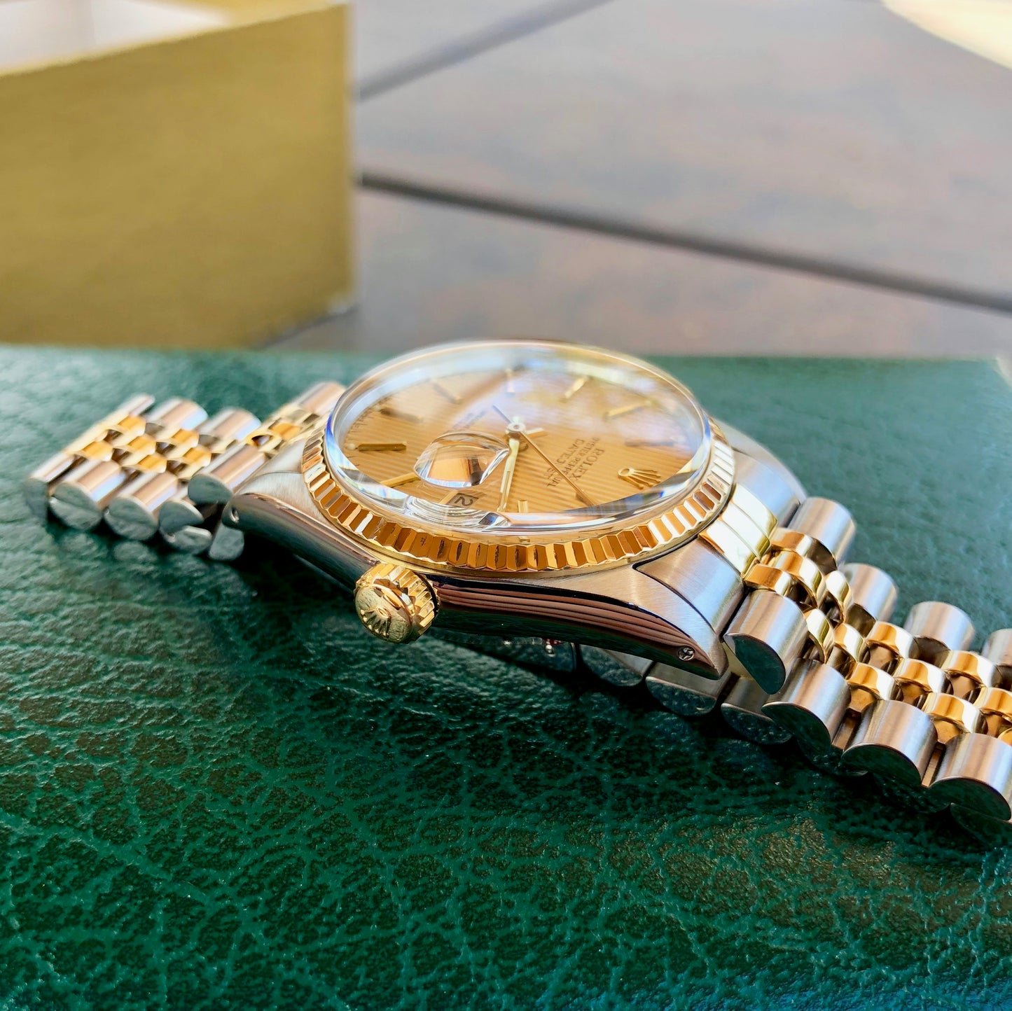 Vintage Rolex Datejust 16013 Champagne Tapestry Cal. 3035 Oyster Perpetual Two Tone Steel Gold Wristwatch Box & Papers Circa 1985 - Hashtag Watch Company