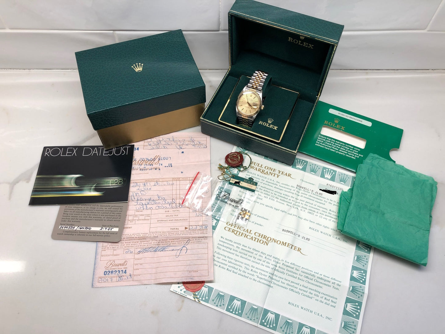 Vintage Rolex Datejust 16013 Champagne Tapestry Cal. 3035 Oyster Perpetual Two Tone Steel Gold Wristwatch Box & Papers Circa 1985 - Hashtag Watch Company