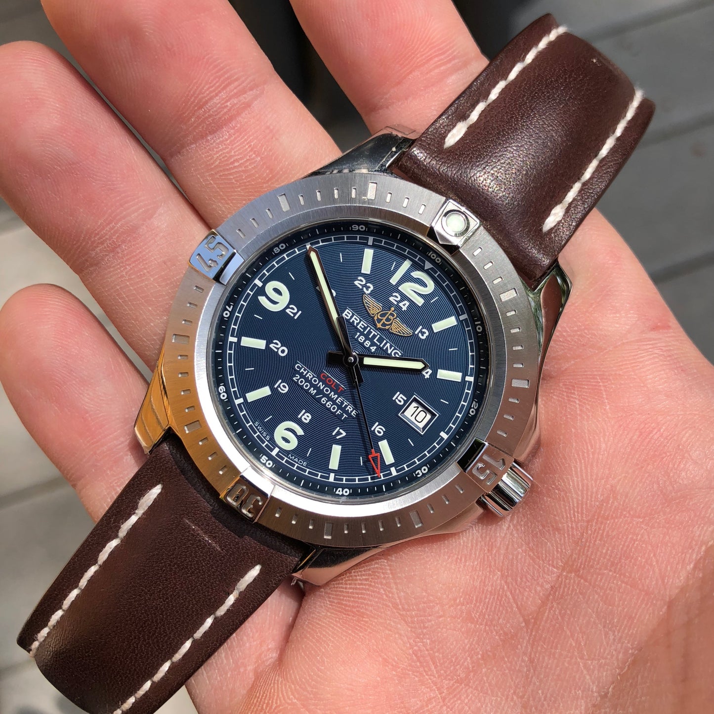 Breitling Colt Quartz Blue A7438811 Brown Leather 44mm Wristwatch Box & Papers - Hashtag Watch Company