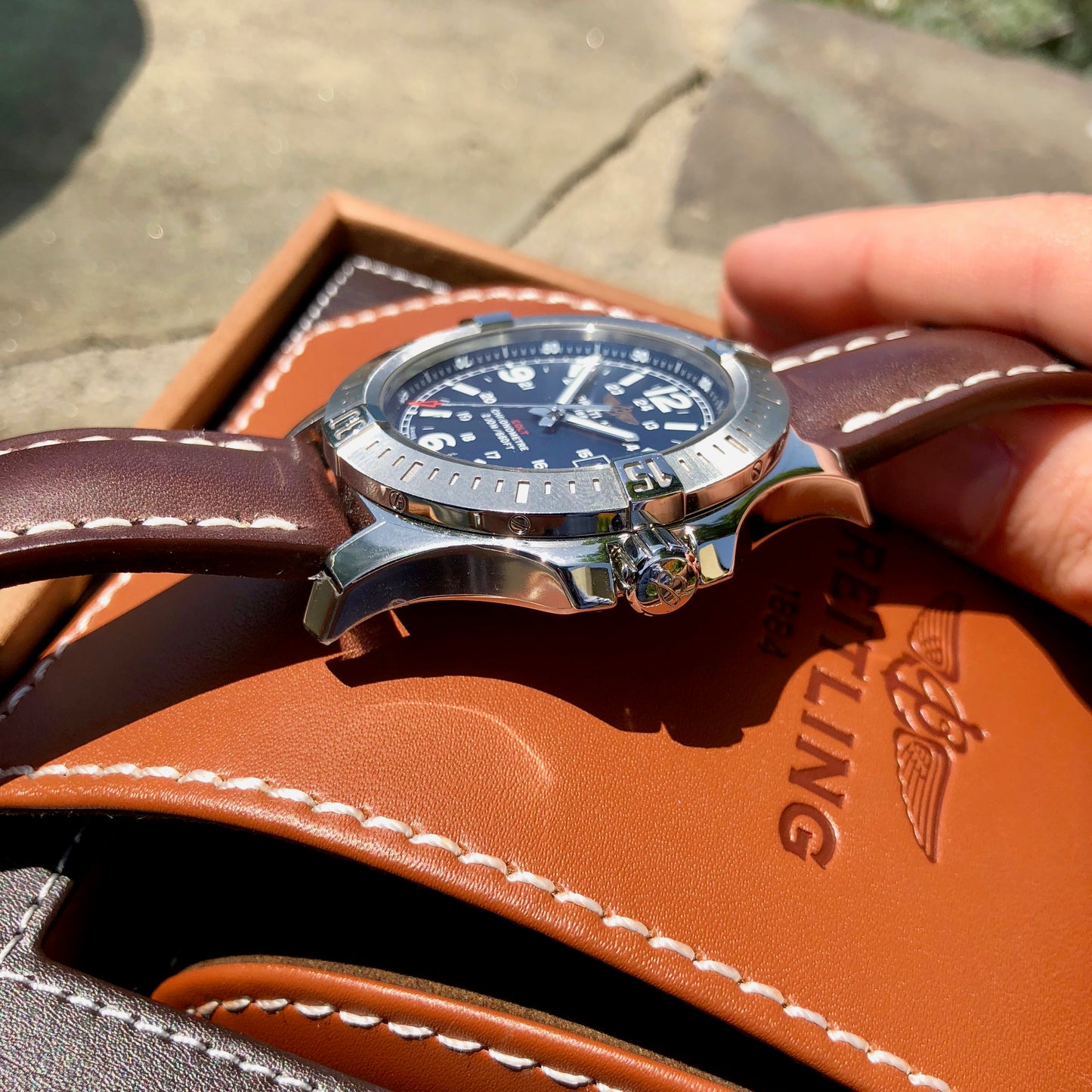 Breitling Colt Quartz Blue A7438811 Brown Leather 44mm Wristwatch Box & Papers - Hashtag Watch Company