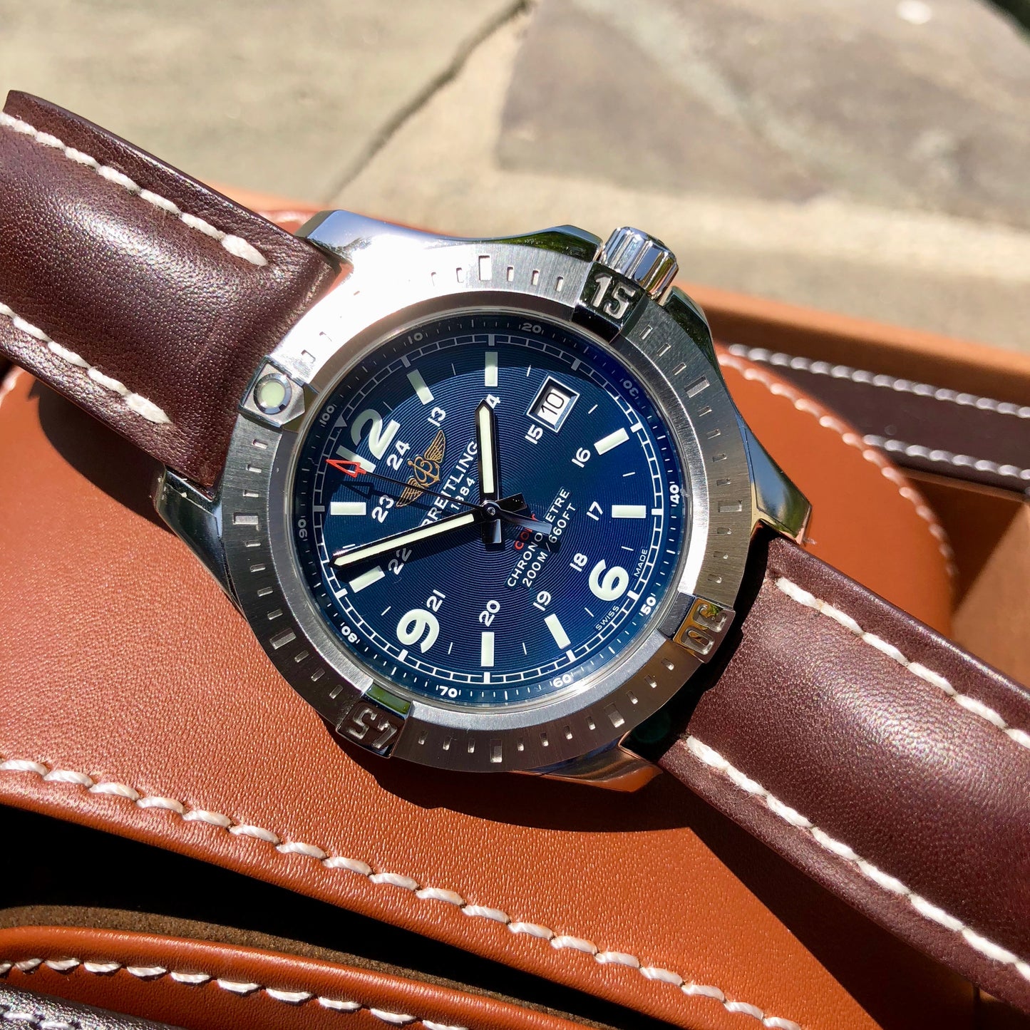 Breitling Colt Quartz Blue A7438811 Brown Leather 44mm Wristwatch Box & Papers - Hashtag Watch Company