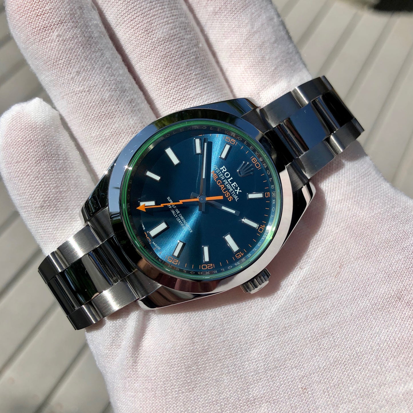 Rolex Milgauss 116400GV Z Blue Stainless Steel Wristwatch Box Papers Circa 2017 - Hashtag Watch Company