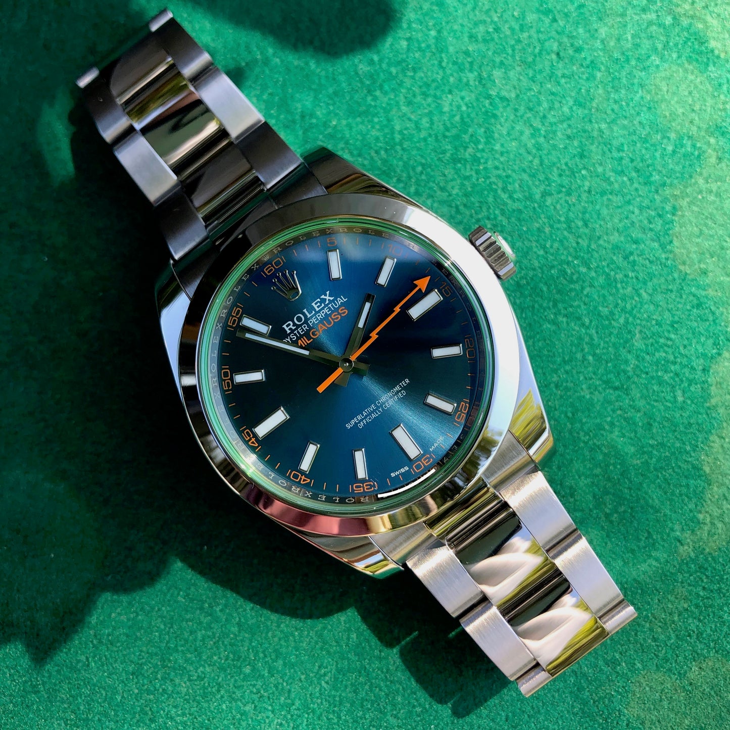 Rolex Milgauss 116400GV Z Blue Stainless Steel Wristwatch Box Papers Circa 2017 - Hashtag Watch Company