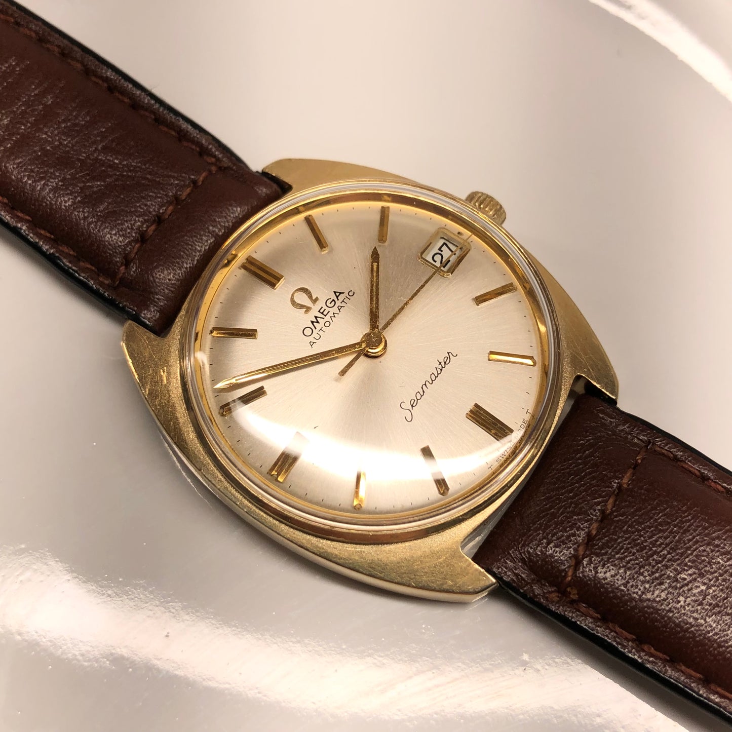 1966 Omega Seamaster 6736 14K Yellow Gold Caliber 563 Date Automatic Wristwatch - Hashtag Watch Company