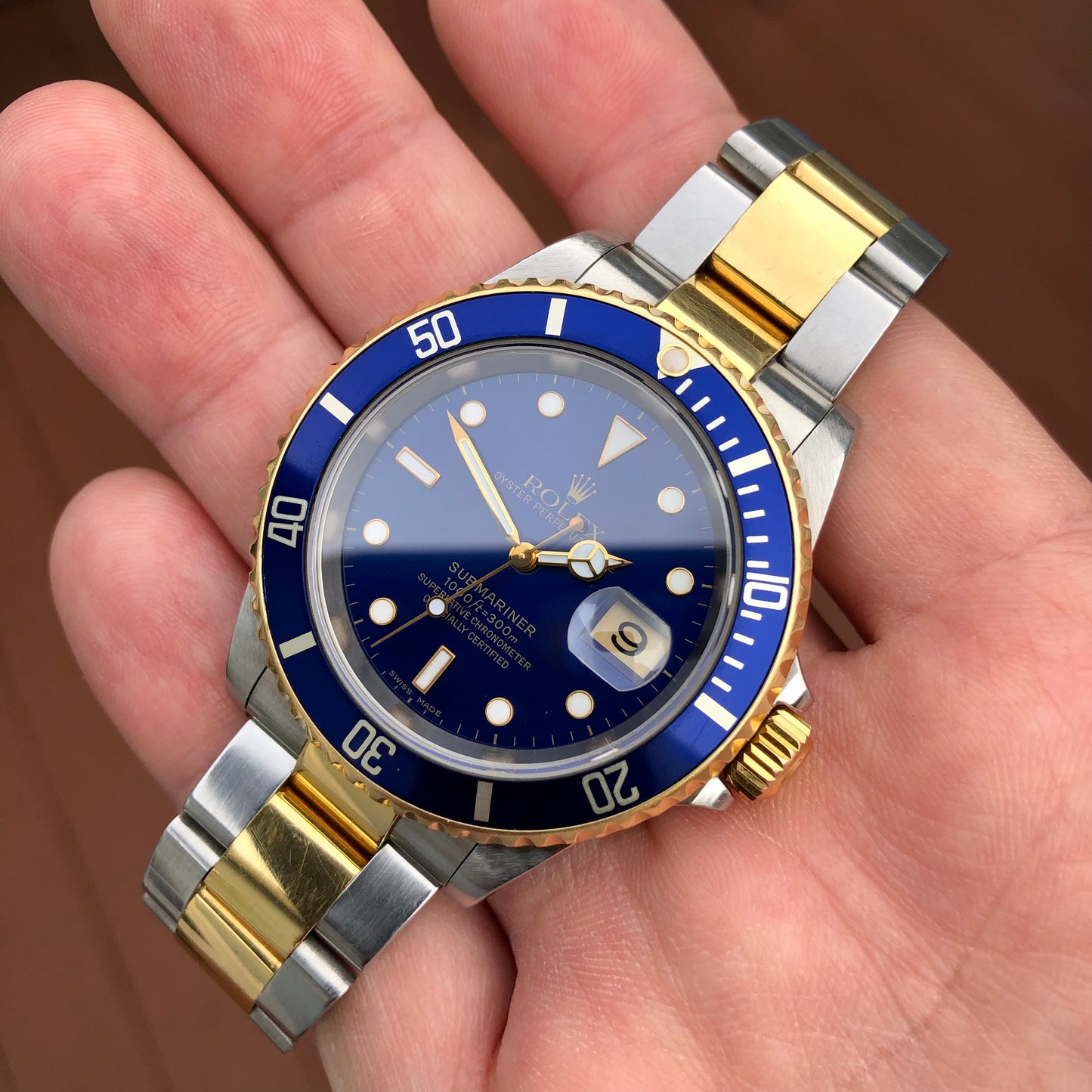 2002 Rolex Submariner Date 16613 Blue Two Tone Oyster 18K Steel Wristwatch Box Papers - Hashtag Watch Company