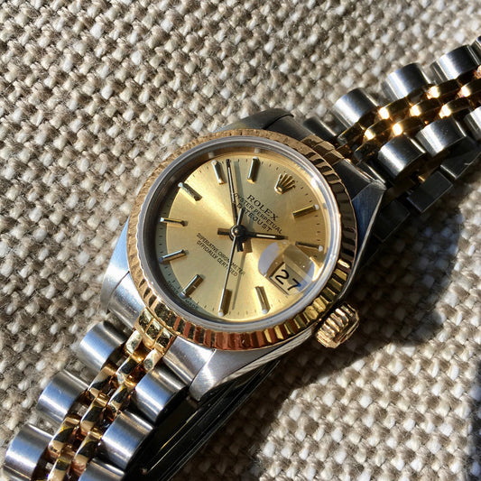 Rolex Ladies Datejust 69173 Two Tone Champagne Stick Dial Steel 18K Wristwatch - Hashtag Watch Company