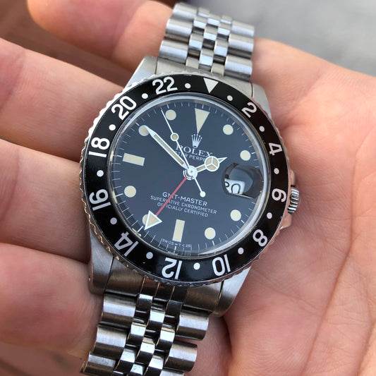 1982 Vintage Rolex GMT MASTER 16750 Black Jubilee Transitional Wristwatch Box Papers - Hashtag Watch Company