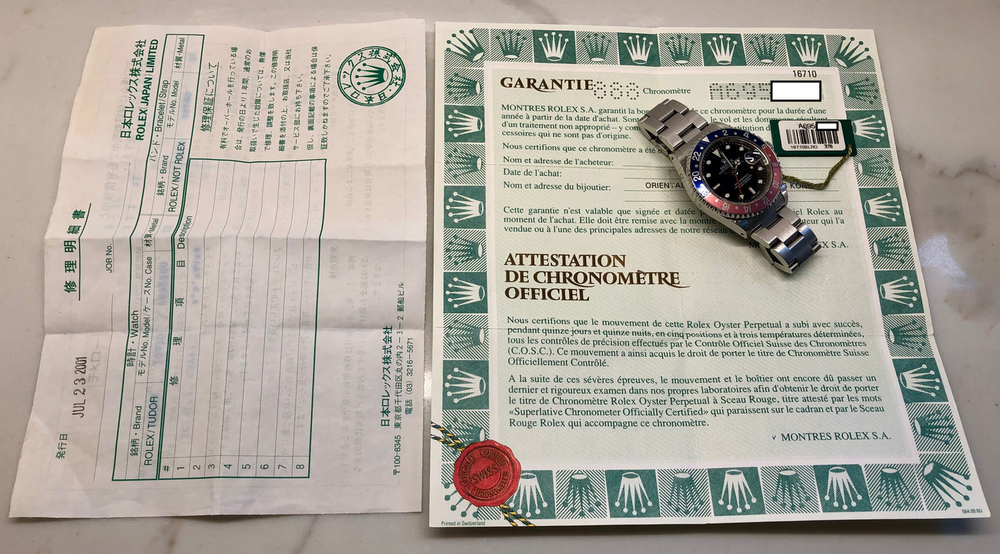 1999 Rolex GMT MASTER II 16710 Pepsi Oyster Wristwatch with Original Tag and Papers - Hashtag Watch Company