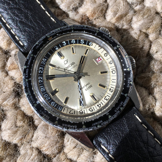 Vintage Enicar Sherpa Guide 600 Silver GMT Automatic Steel Wristwatch 48mm - Hashtag Watch Company